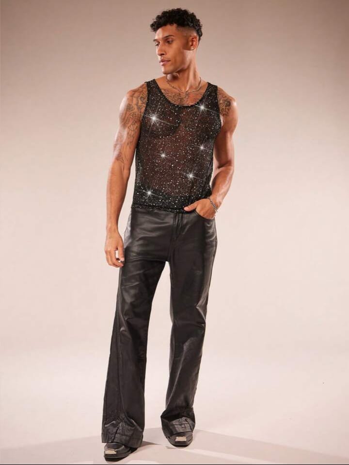 Men's Mesh Sheer Glitter Round Neck Sleeveless Tank Top